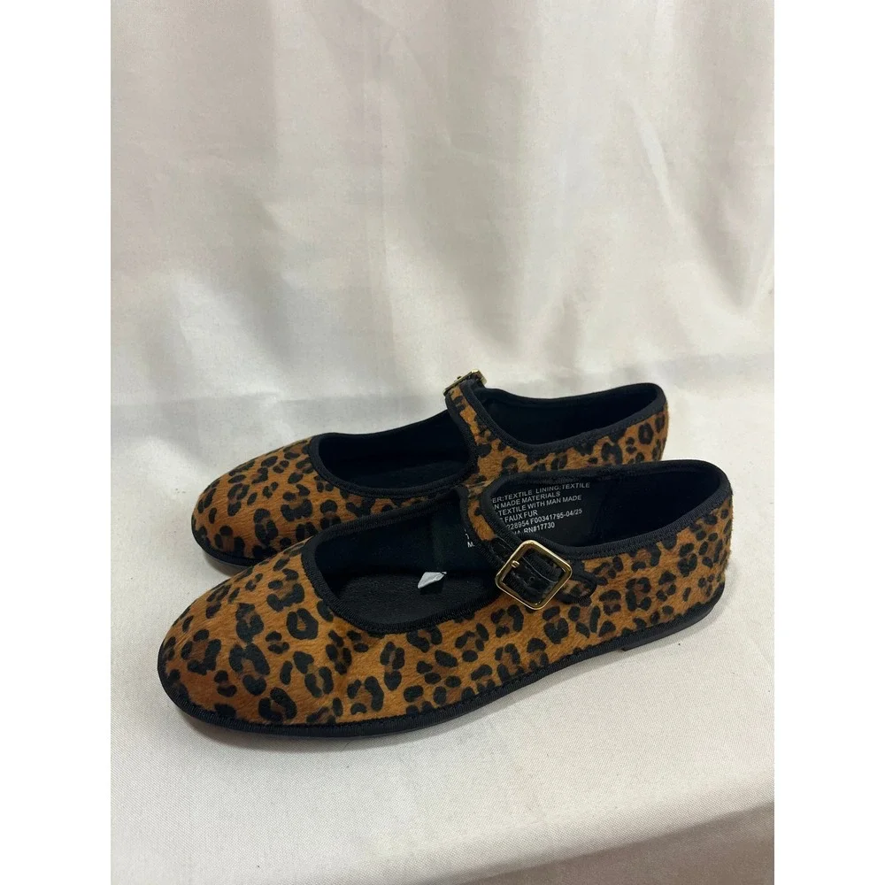 Universal Thread Womens Leopard Print Faux Fur Mary Jane Flats Brown Black 8.5